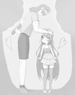 artist:funkydealer birthday character:pawnii_chan headpat monochrome present // 2890x3674 // 707KB