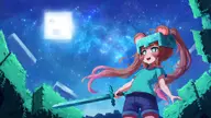 artist:reilong character:steve_(minecraft) flat_chest forest helmet moon series:minecraft sword twintails // 4000x2252 // 771KB